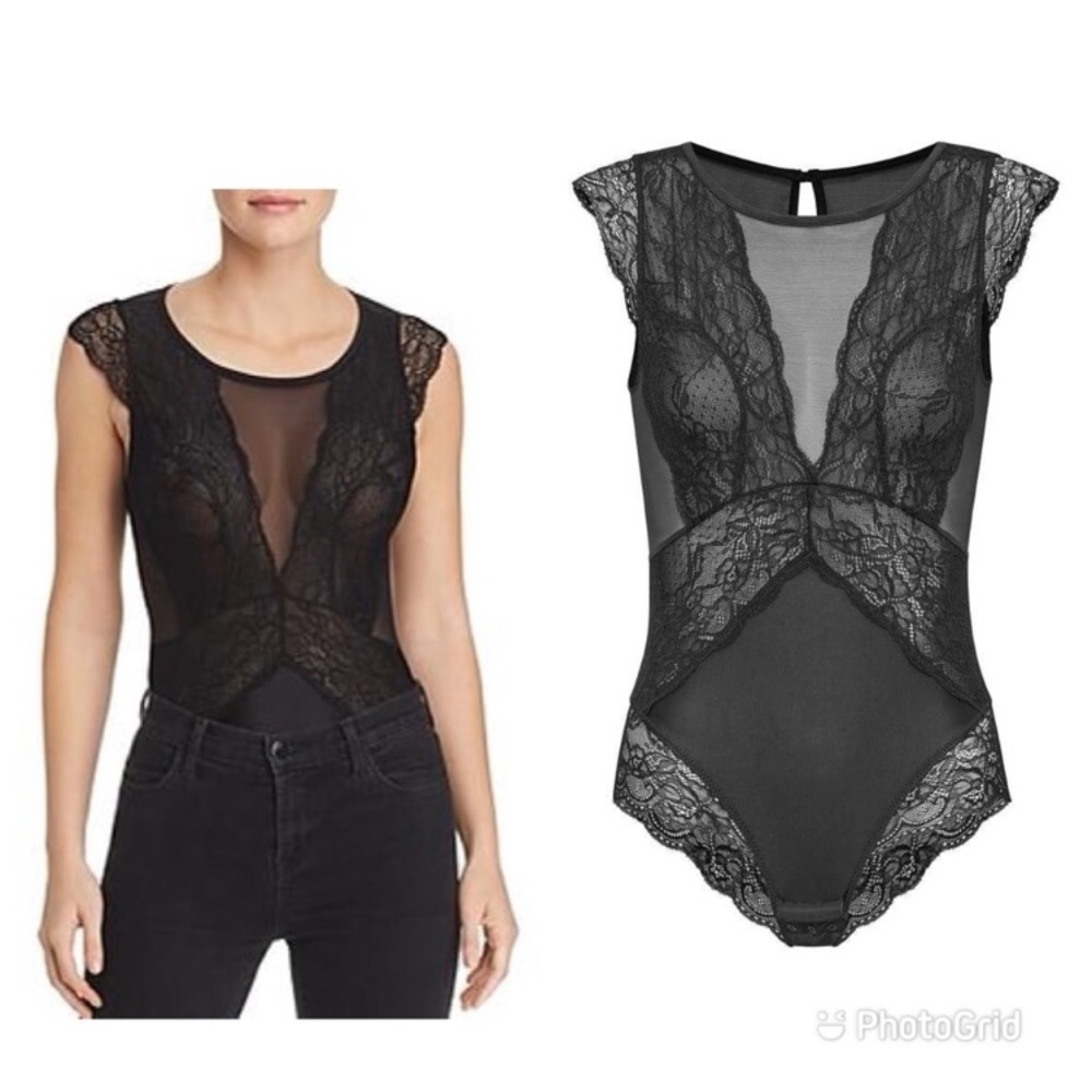 NEW Sam Edelman Black Mesh Lace Capsleeve Bodysuit - Picture 5 of 12